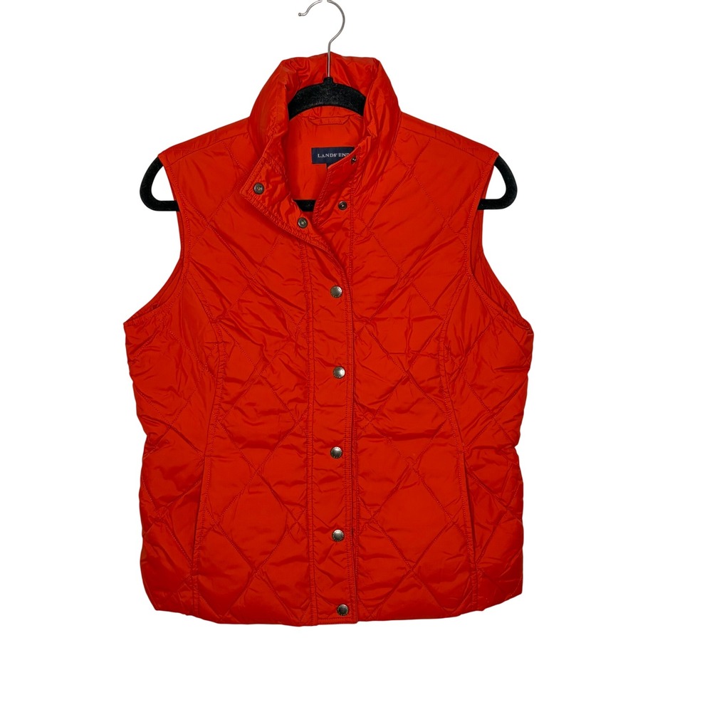 Lands' End Down Feather Quilted Vest Small Red Orange Lightweight Snap Front